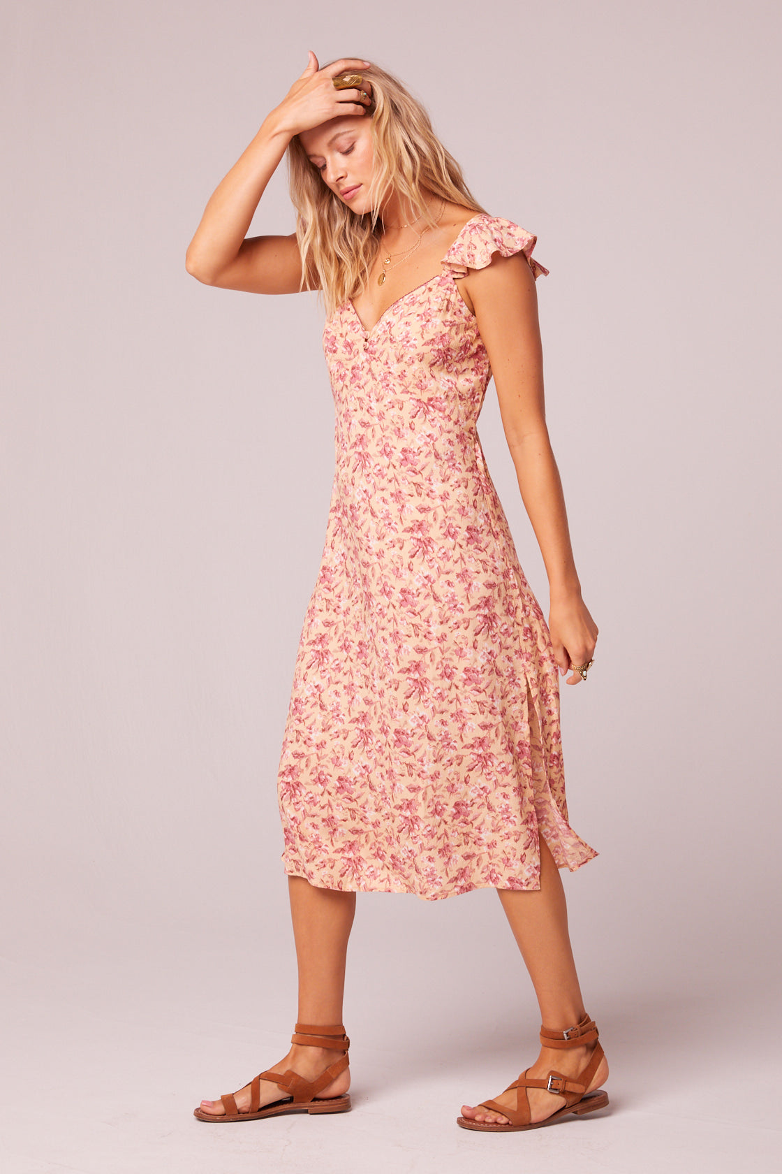 Jasmine Blush Floral Ruffle Sleeve Midi ...